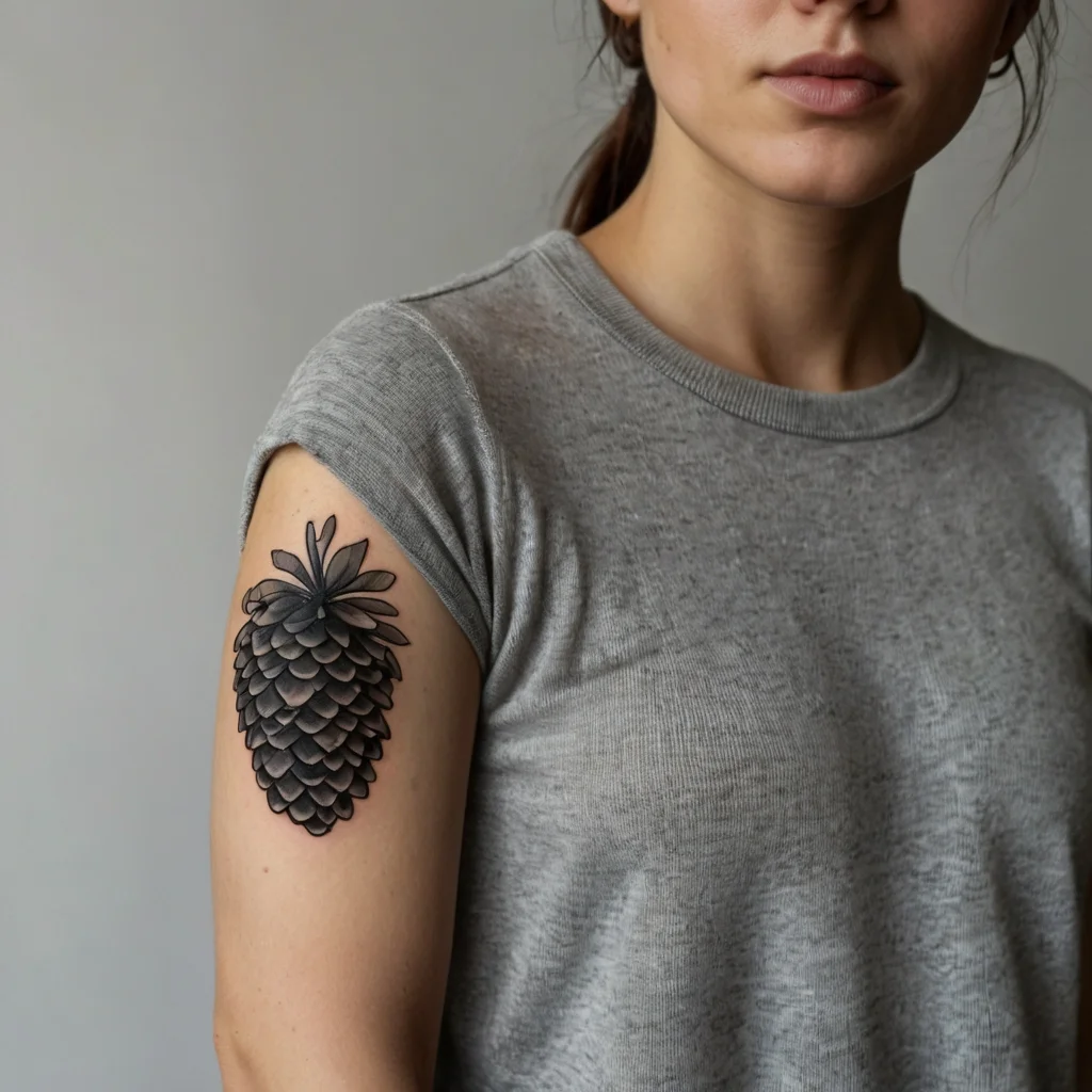 Black and gray shaded pine cone tattoo on upper arm, showcasing detailed scales and soft shading for a 3D effect.