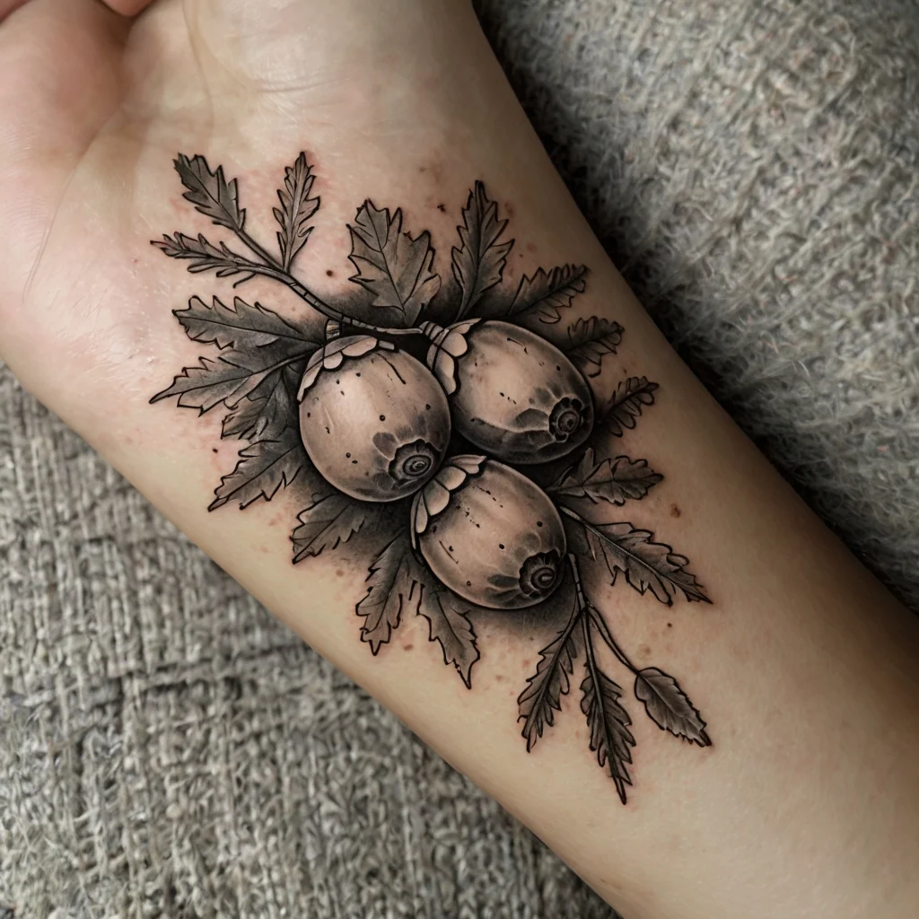 Black and grey tattoo of three acorns with detailed textured leaves, symbolizing strength and potential.