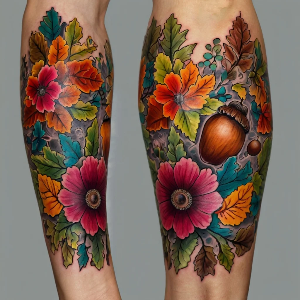 Colorful autumn-inspired tattoo with vibrant leaves, acorns, and flowers, blending warm oranges, reds, and greens.