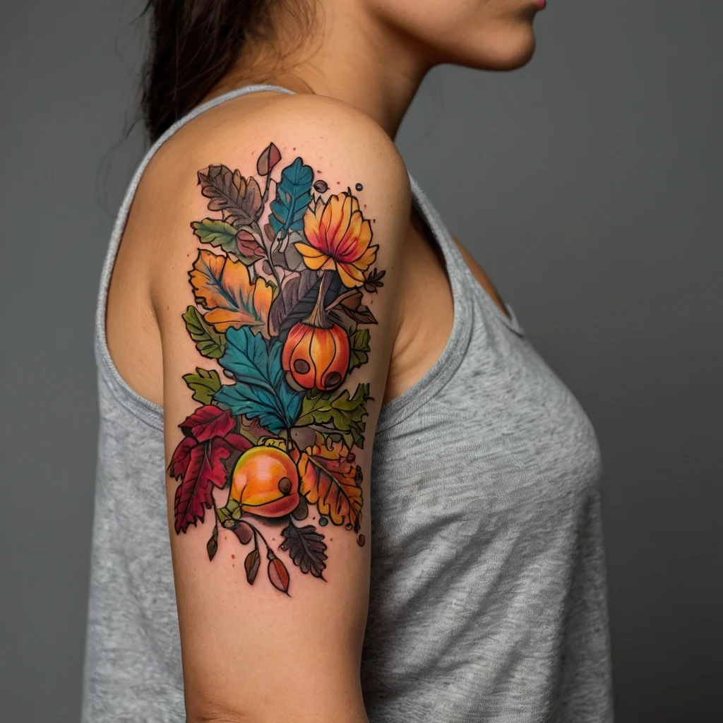 Colorful autumn-inspired tattoo with vibrant leaves and fruits on the upper arm, showcasing detailed shading and bold outlines.