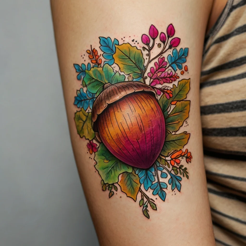 A vibrant tattoo of a large acorn surrounded by colorful autumn leaves and branches, blending warm and cool tones.