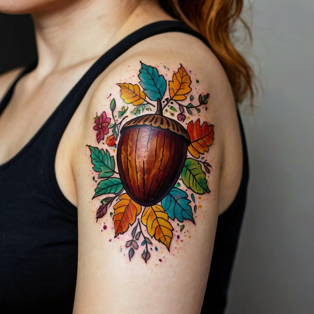 Colorful acorn tattoo with vibrant autumn leaves and flowers, symbolizing growth and transformation, on upper arm.