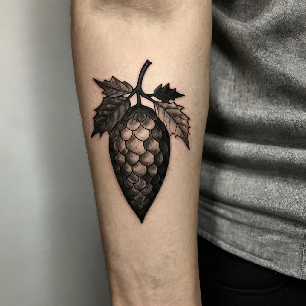 Black and gray tattoo of a hop cone with detailed leaves and scales, symbolizing brewing or nature.