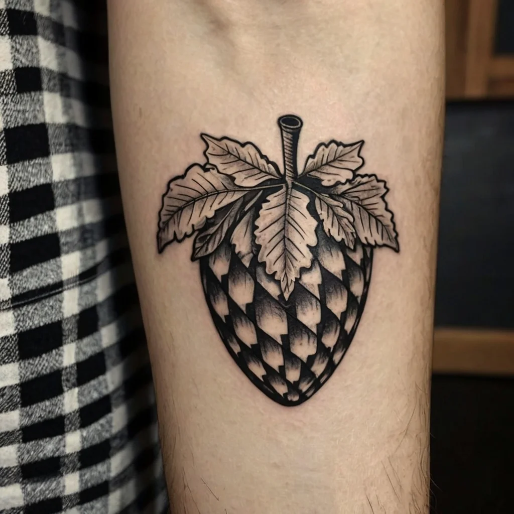 Harlequin-style hop cone tattoo with detailed leaf shading, combining geometric patterns with organic elements.