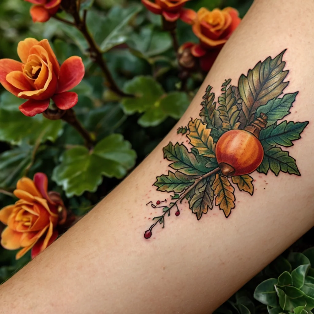 Tattoo of a colorful acorn with detailed oak leaves and berries, blending autumn colors on the forearm.