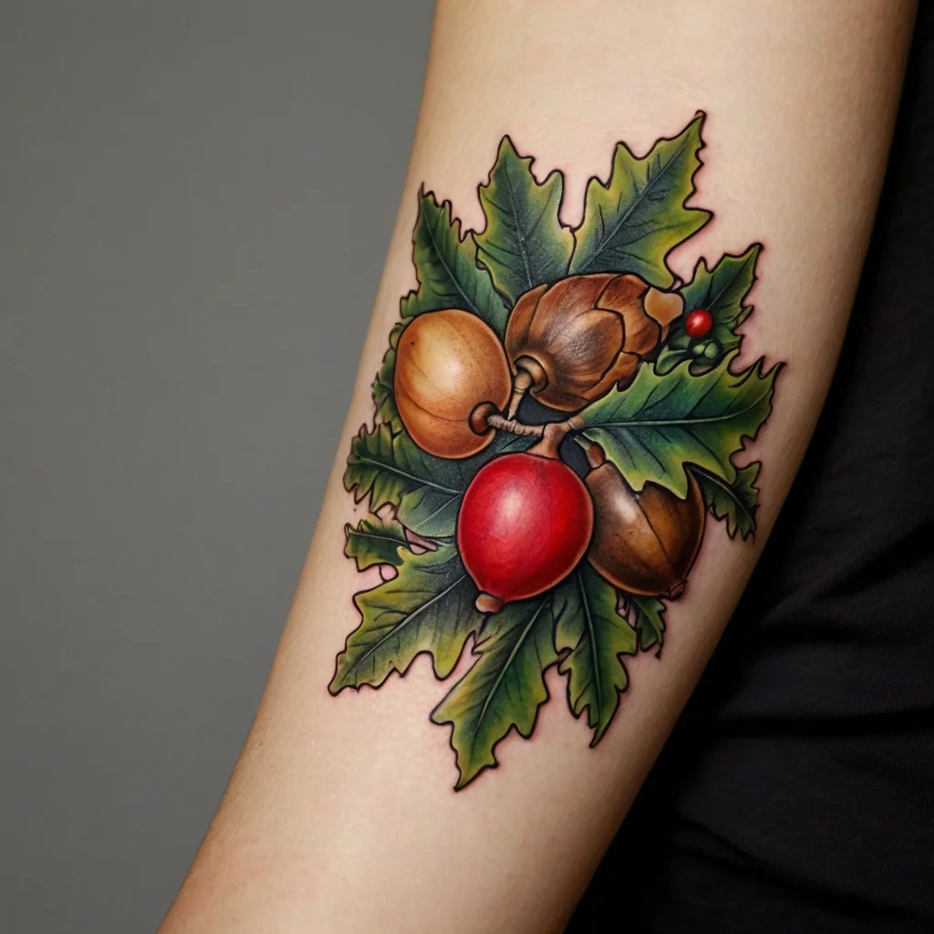 Vibrant tattoo of realistic acorns and leaves with a red berry, showcasing detailed shading and bold colors.