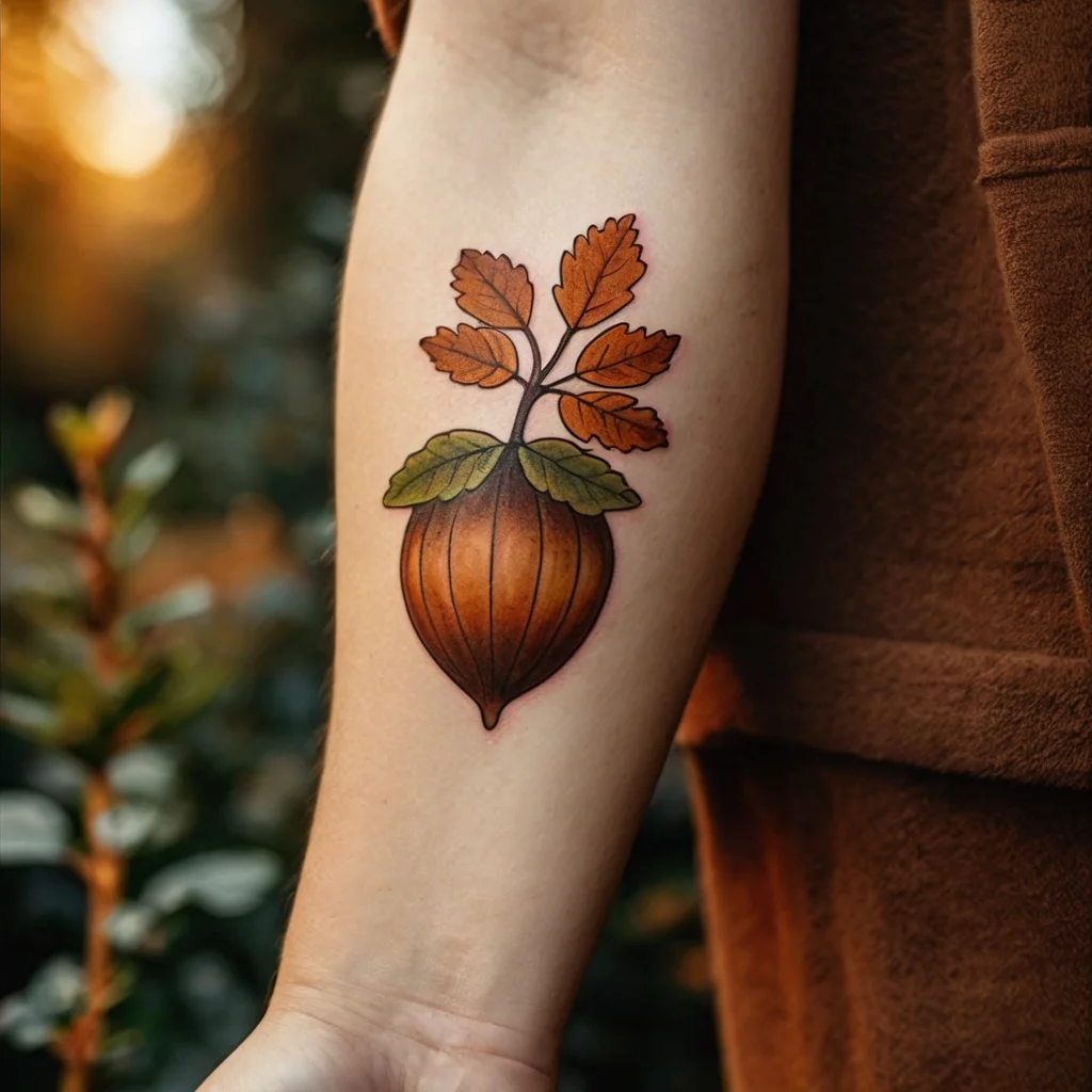 Tattoo of an acorn with vibrant brown and orange hues, detailed leaves, symbolizing growth and strength on the forearm.