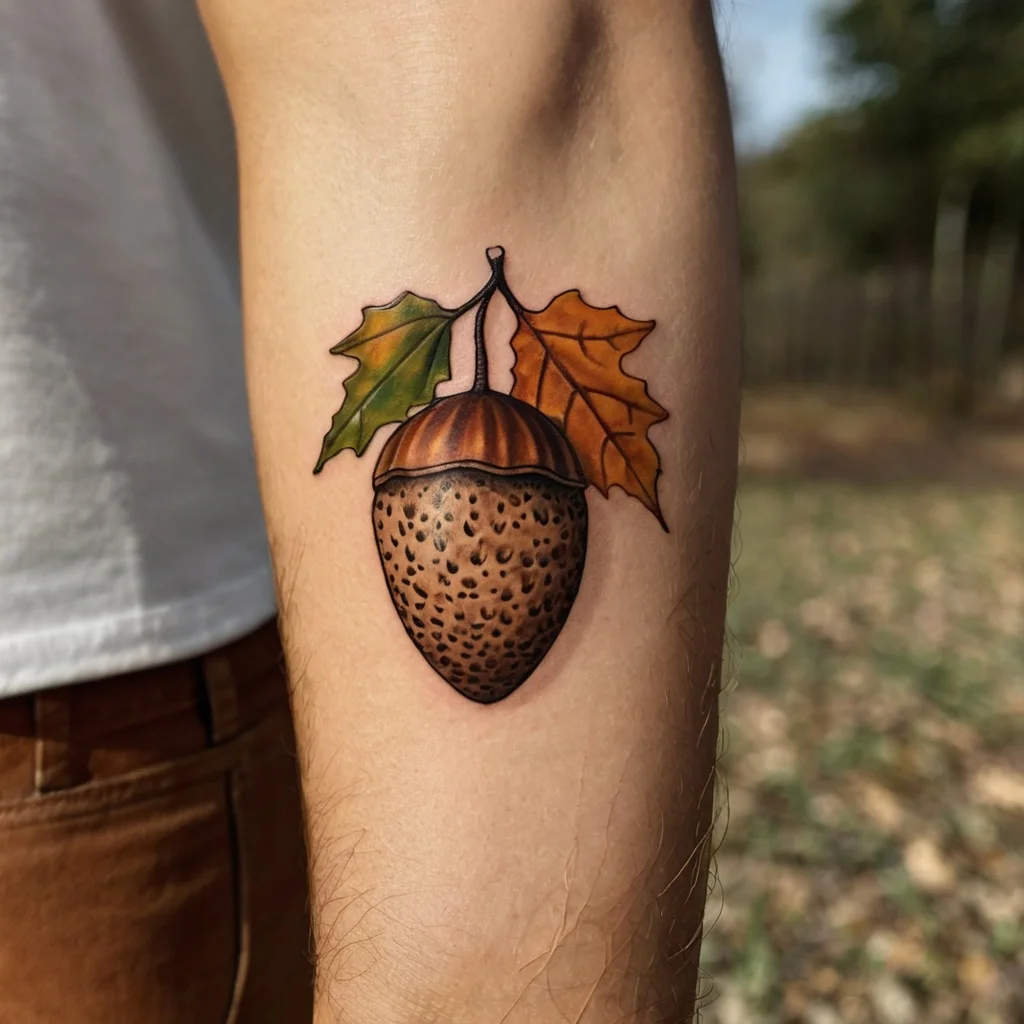 Tattoo of a realistic acorn with finely detailed texture, topped by two autumn leaves, one green and one orange.