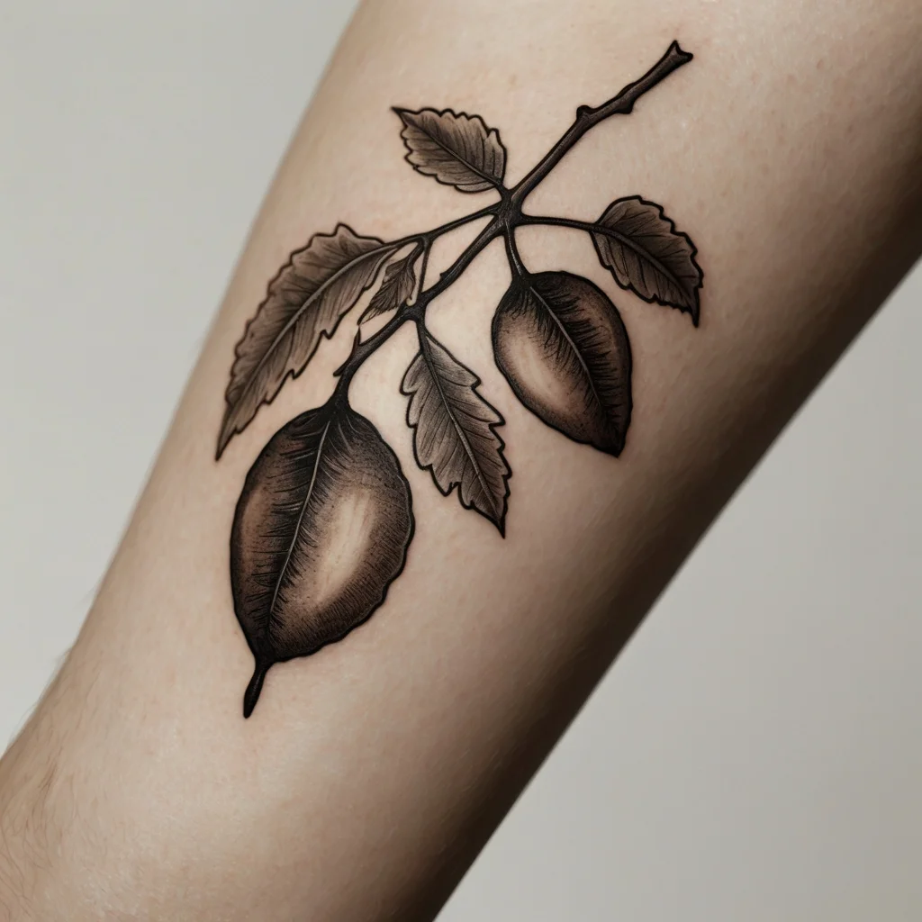 Monochrome tattoo of a lemon branch with detailed leaves and two lemons, capturing a realistic botanical design on forearm.