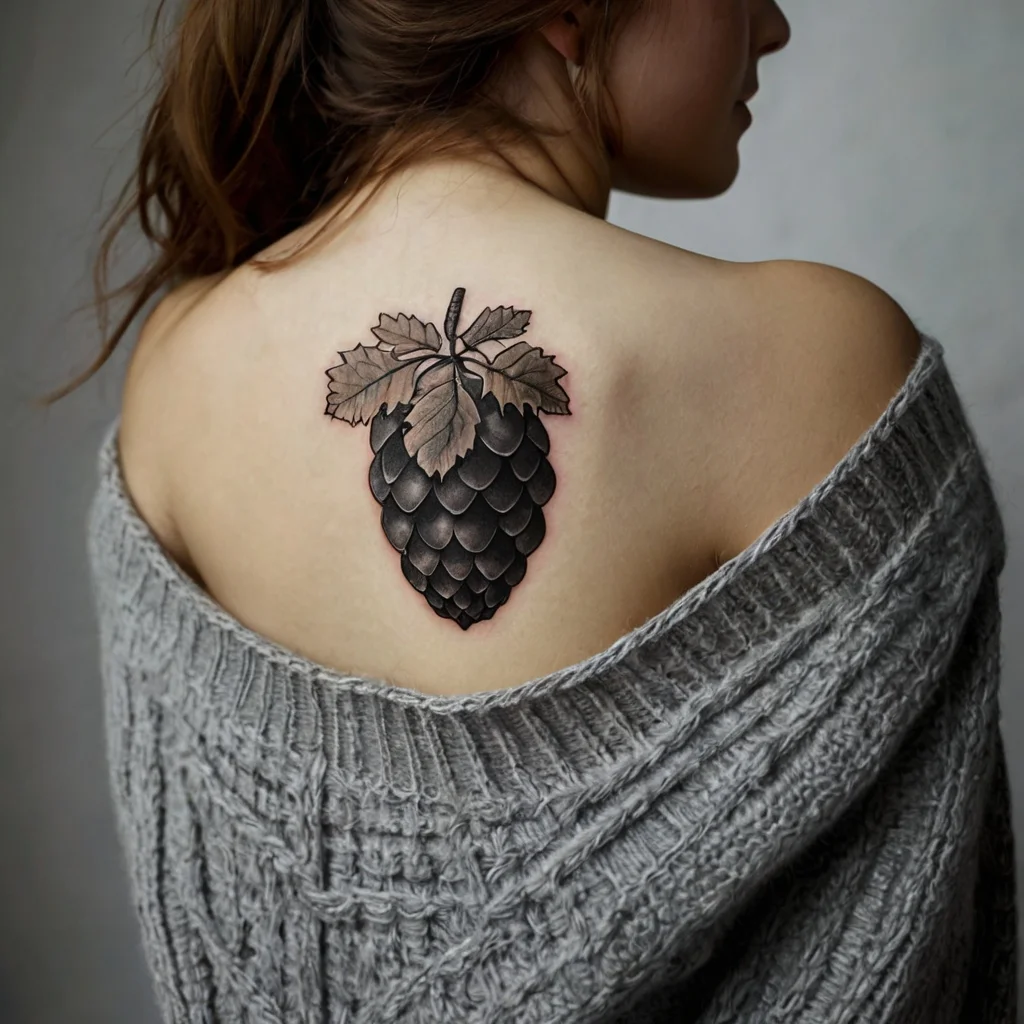 Detailed black and gray hop cone tattoo with textured leaves on upper back, symbolizing brewing or nature's bounty.