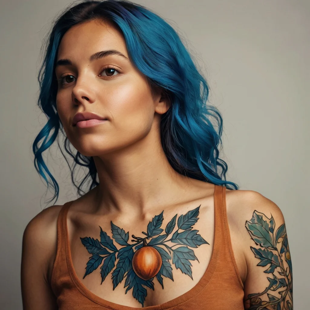 Chest tattoo of a vibrant orange fruit surrounded by detailed blue leaves, extending to the shoulder with leafy designs.