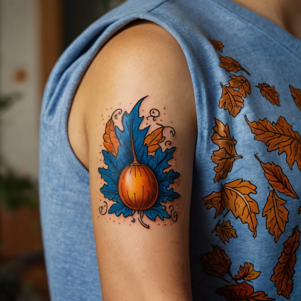 Colorful tattoo of a vibrant blue maple leaf with orange pumpkin, detailed with swirling accents on the upper arm.