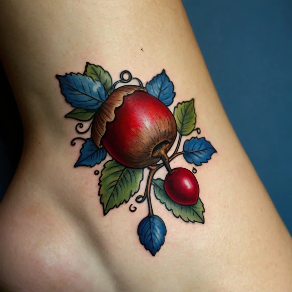 Tattoo of a vibrant red acorn with green and blue leaves, showcasing a realistic and colorful design on the skin.