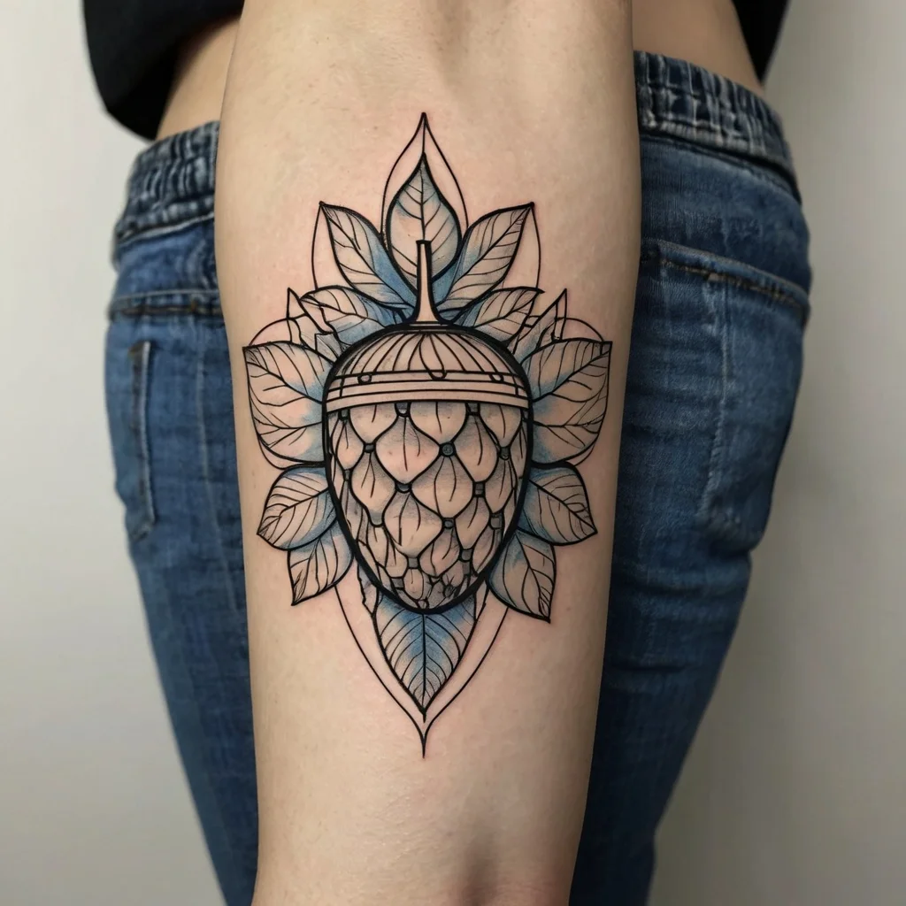 Tattoo of a detailed acorn with geometric leaf patterns in black and blue on the arm, symbolizing growth and potential.