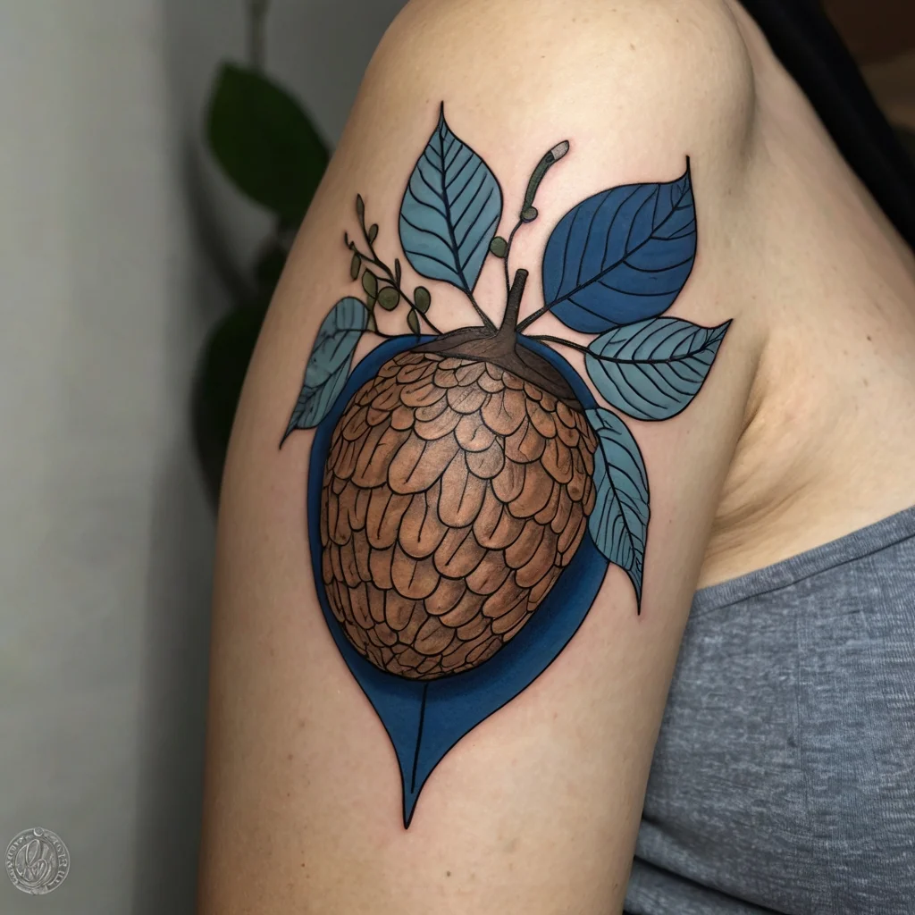 Tattoo of a detailed brown pine cone surrounded by vibrant blue leaves, creating a bold contrast on the upper arm.