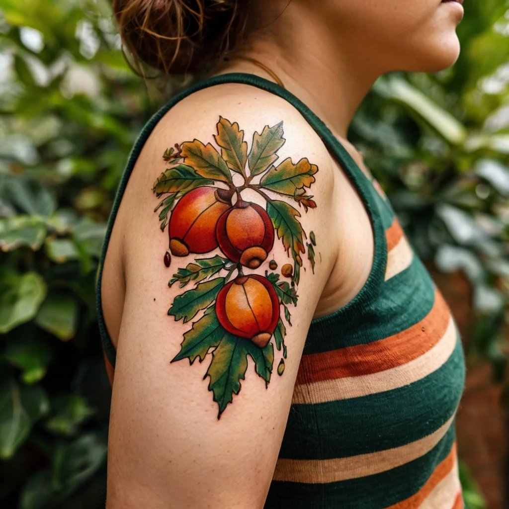 Tattoo of vibrant acorns and lush green leaves on the upper arm, depicting autumn nature in a bold, traditional style.