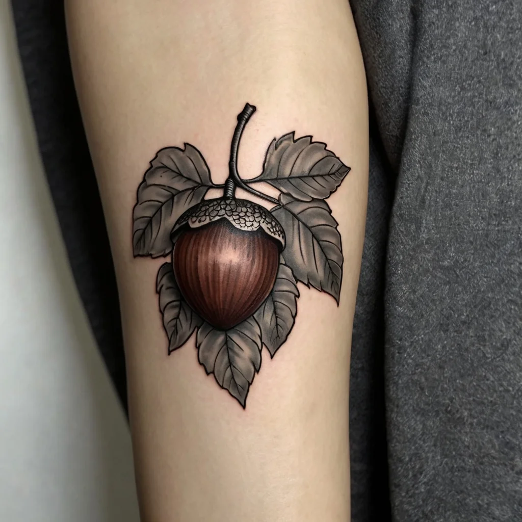 Detailed acorn tattoo with realistic shading, surrounded by textured leaves, symbolizing growth and potential.