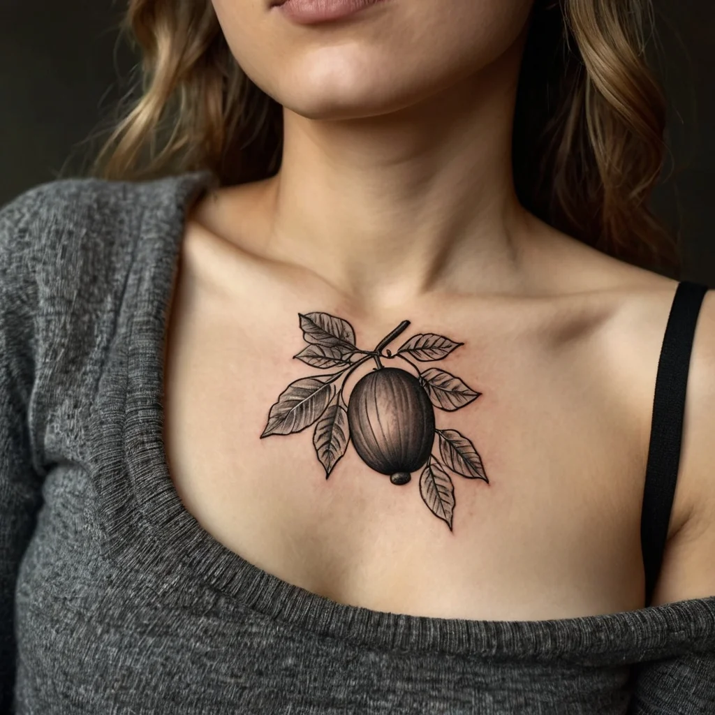 Chest tattoo of a detailed walnut with realistic shading, surrounded by intricate leaves in fine black and grey ink.