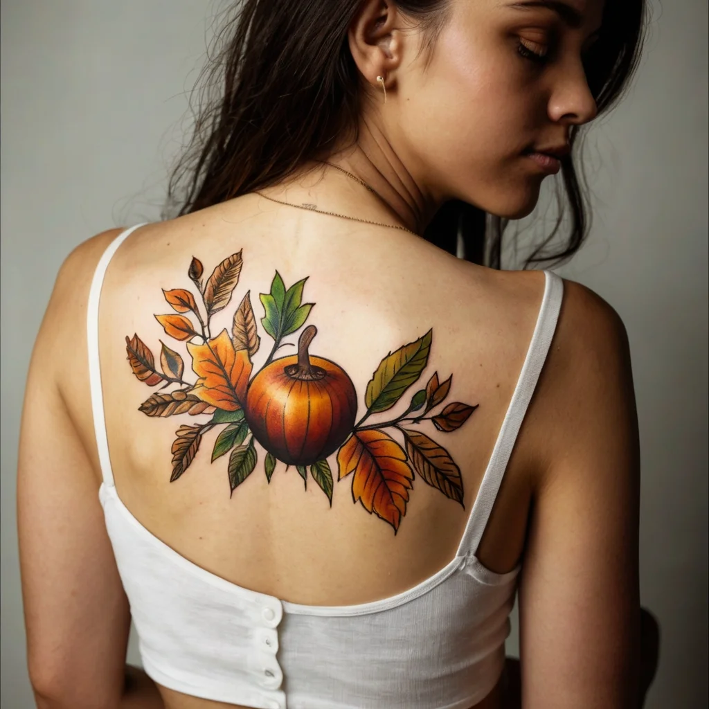 Tattoo of a vibrant pumpkin surrounded by autumn leaves, intricately detailed in shades of orange, green, and brown.