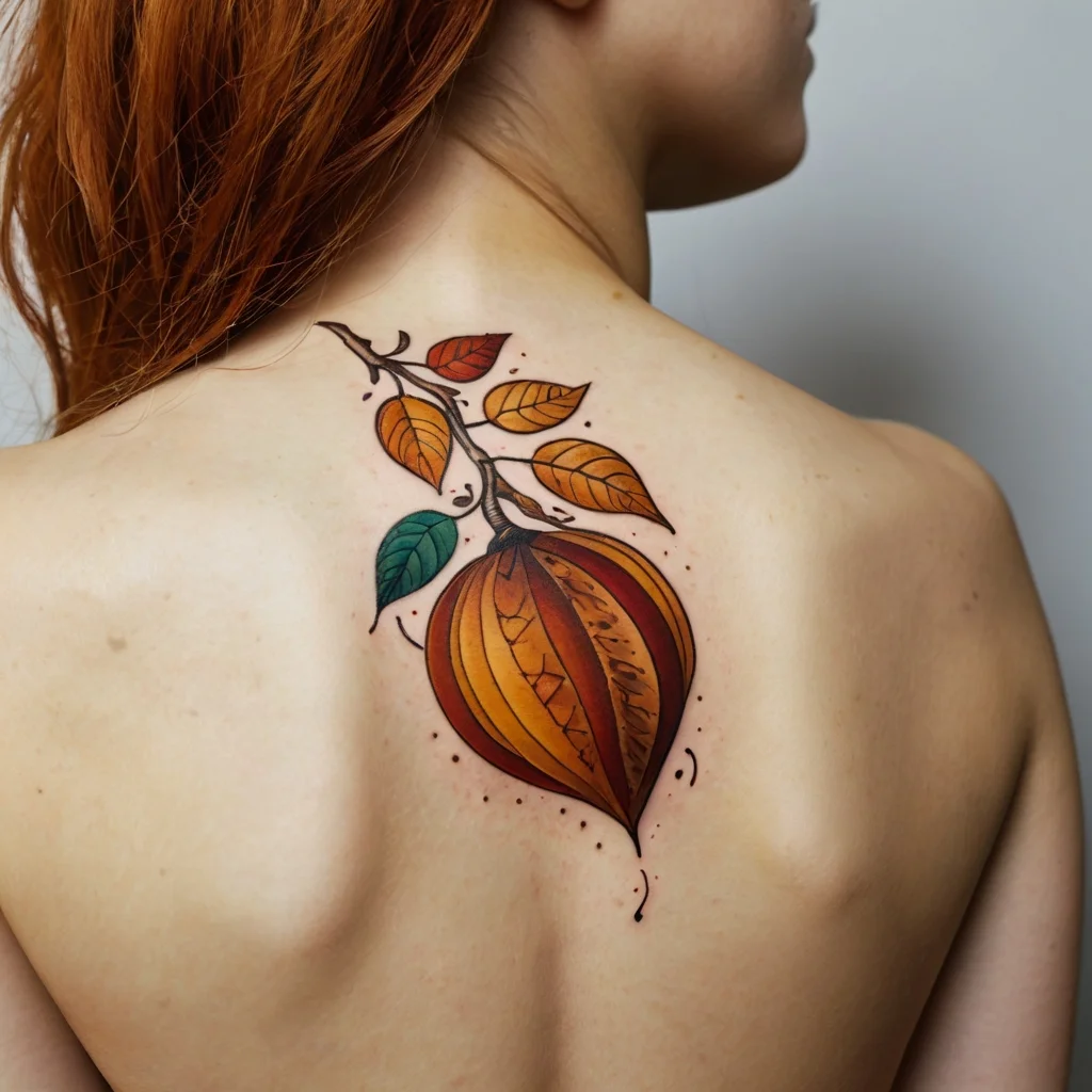 Tattoo depicting an autumnal branch with vibrant orange and green leaves and a stylized cocoa pod on upper back.