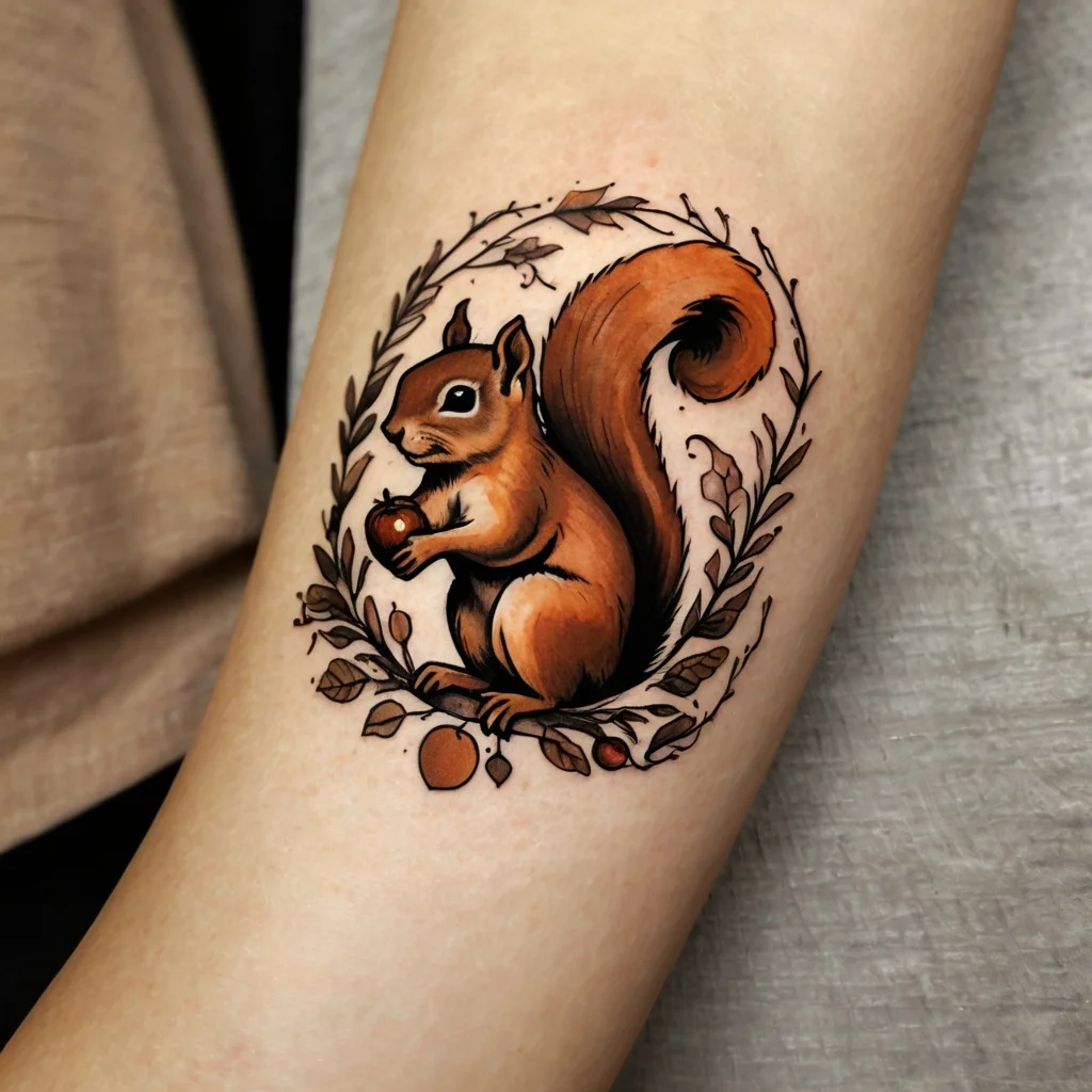 A realistic squirrel tattoo with an acorn, encircled by branches and leaves, featuring rich brown and orange hues.