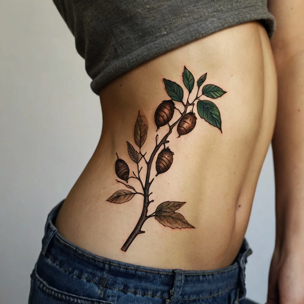 Side tattoo of a realistic branch with brown seed pods and green leaves, showcasing natural beauty and earthy tones.