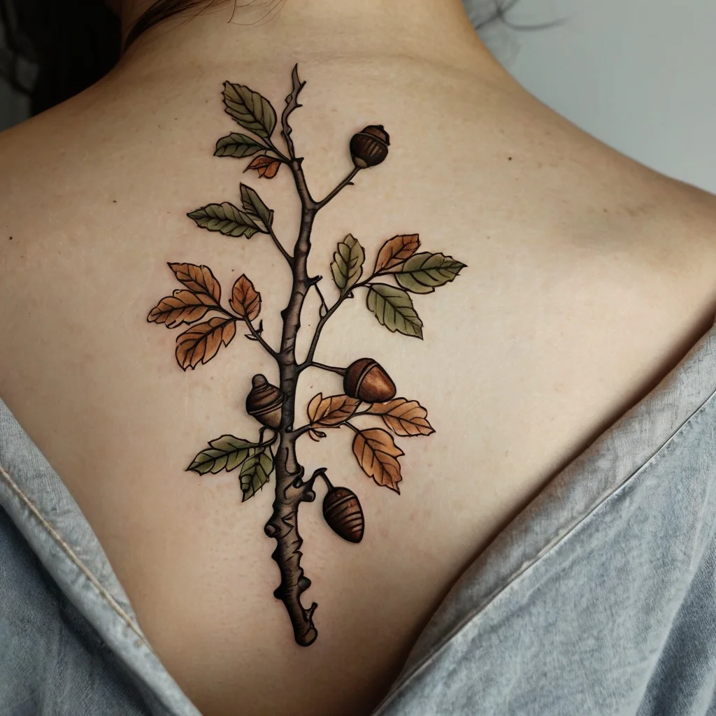 Tattoo of a detailed oak branch with leaves and acorns on the back, combining realistic shading and autumn colors.