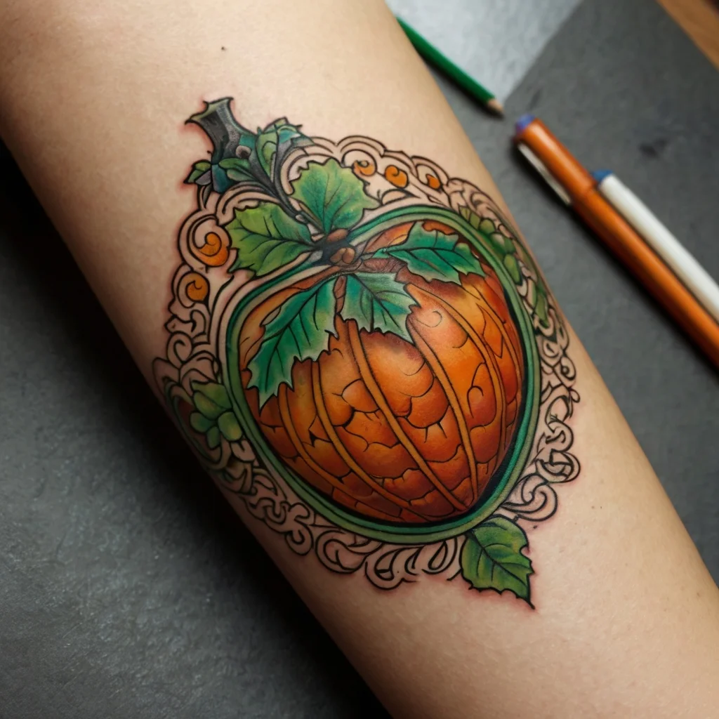 Detailed pumpkin tattoo with vibrant orange hues, adorned with green leaves and intricate lace-like outline.