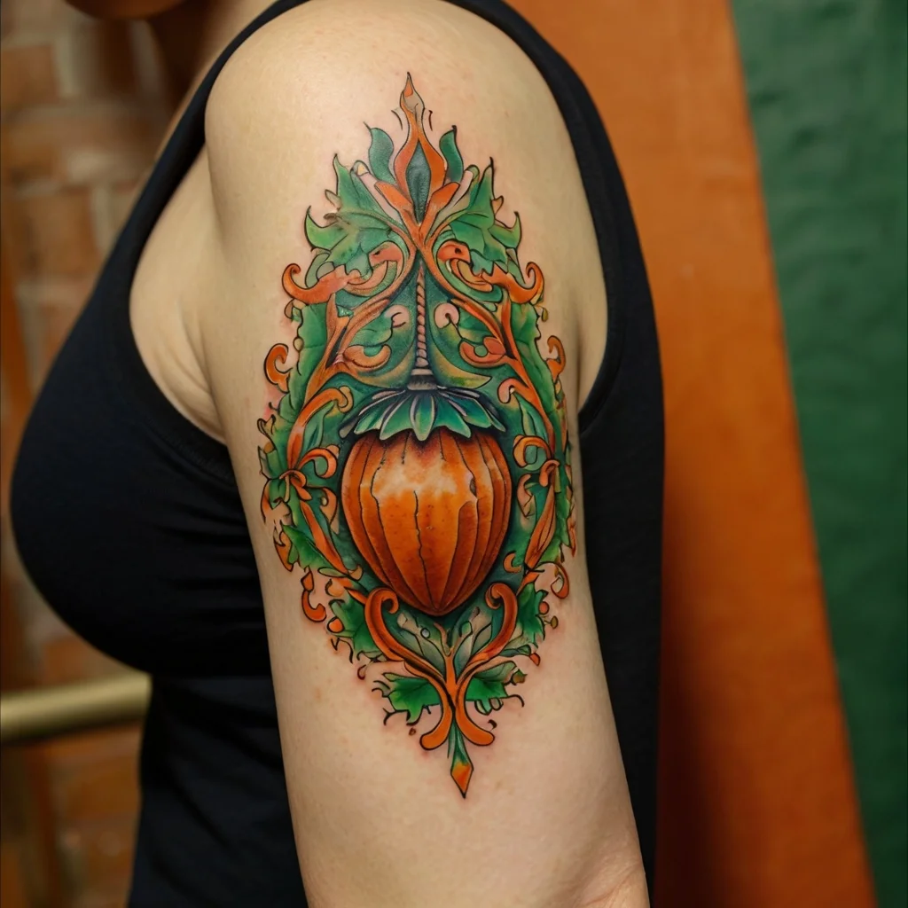 A vibrant tattoo of an ornamental orange pod with intricate green and orange leafy filigree on the upper arm.