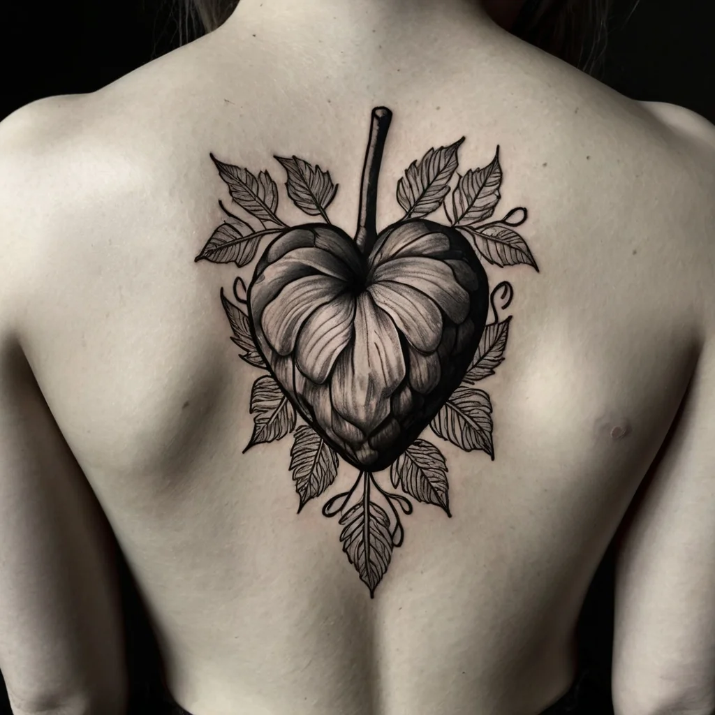 A heart-shaped hop cone tattoo with detailed shading, surrounded by leaves. The design is centered on the upper back.