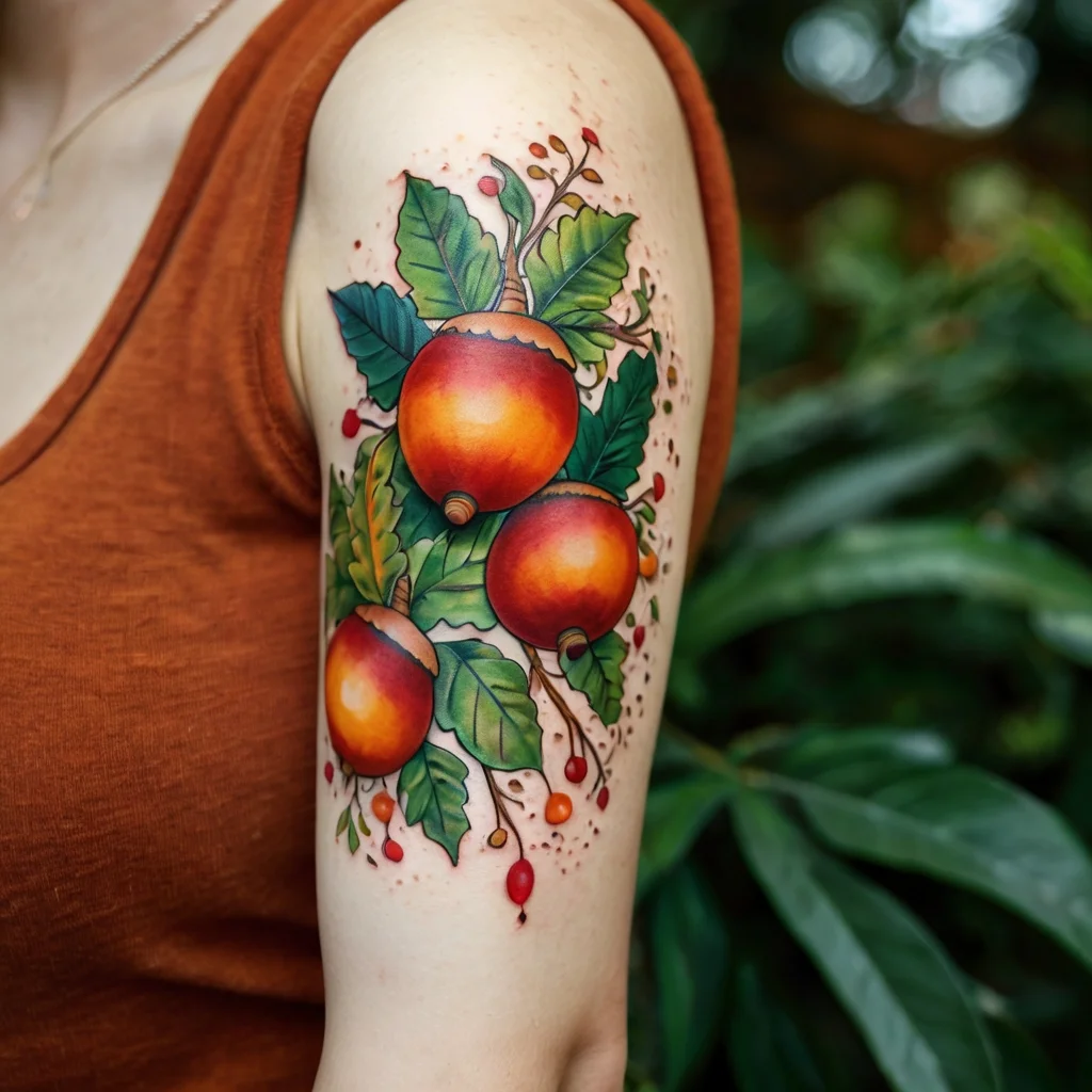 Vibrant tattoo of three glowing pomegranates with lush green leaves and delicate details on the arm.