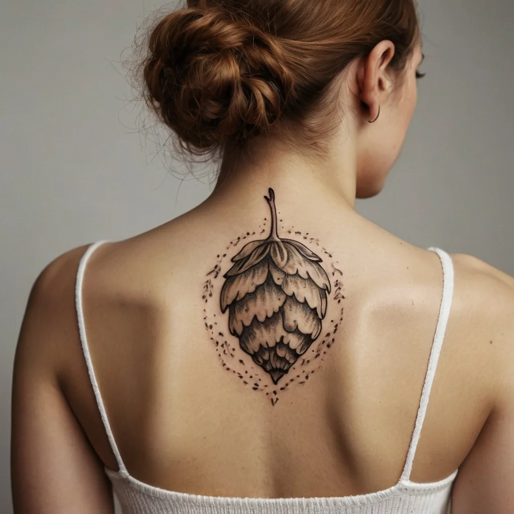 Tattoo of a detailed hop cone on upper back, surrounded by delicate dots and dashes, symbolizing growth and creativity.