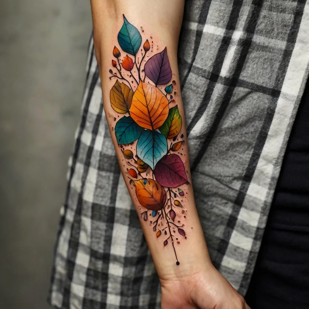 Colorful tattoo of abstract leaves in orange, blue, and purple hues on forearm with dot detail and fine lines.