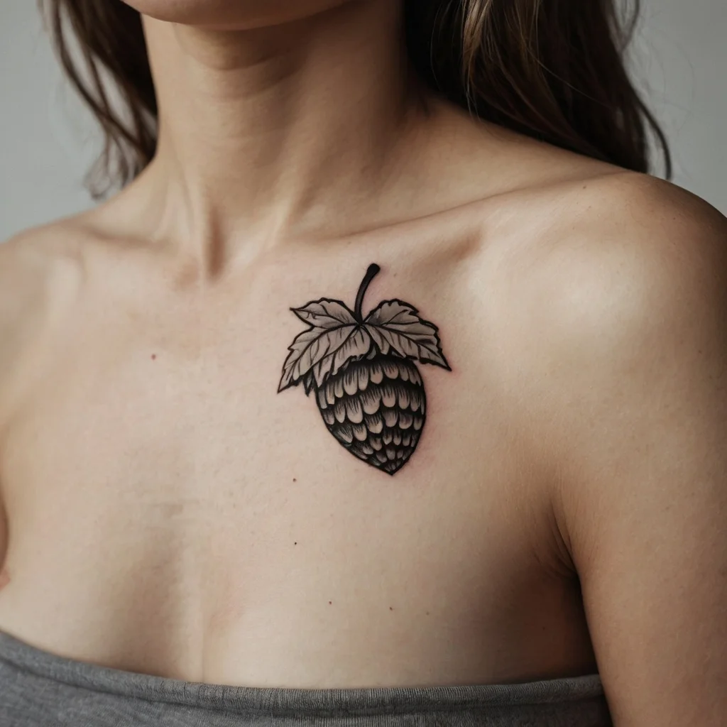 Black and gray tattoo of a stylized hop cone with leaves on the upper chest, featuring fine line details and shading.