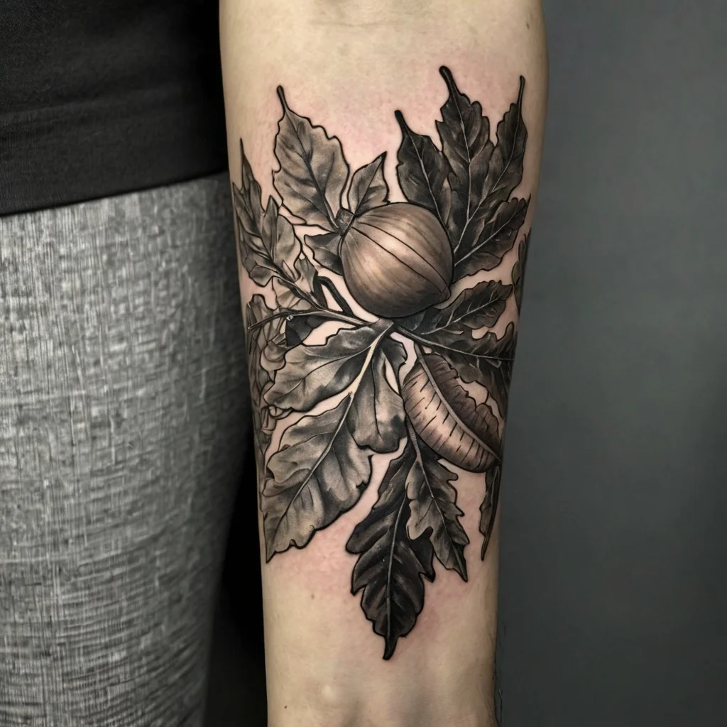 Tattoo of realistic acorn and oak leaves in black and gray shading, covering the forearm.