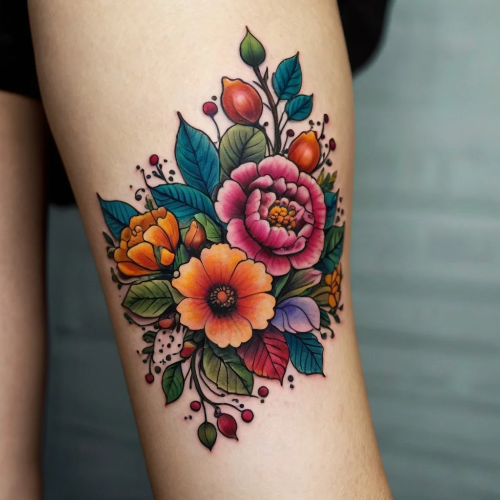 Colorful floral tattoo with pink peonies, orange poppies, green leaves, and red berries, showcasing vibrant detail and shading.