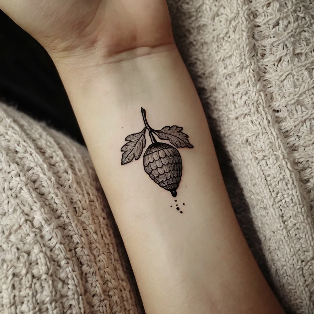 Tattoo of a detailed hop cone with leaves on the forearm, symbolizing growth and renewal, in black ink.