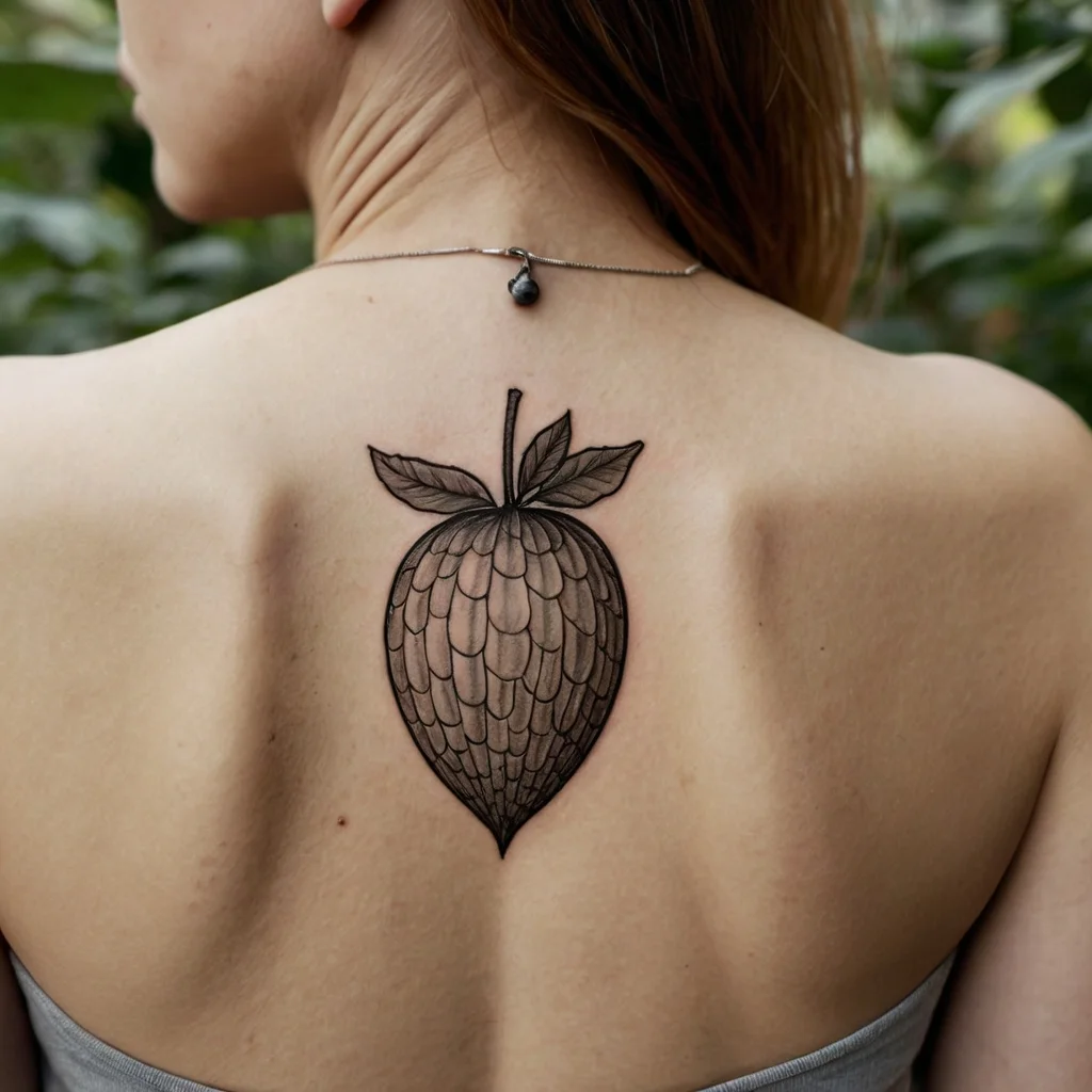 Black ink strawberry tattoo on upper back, with intricate scale-like patterns and two leaves on top.