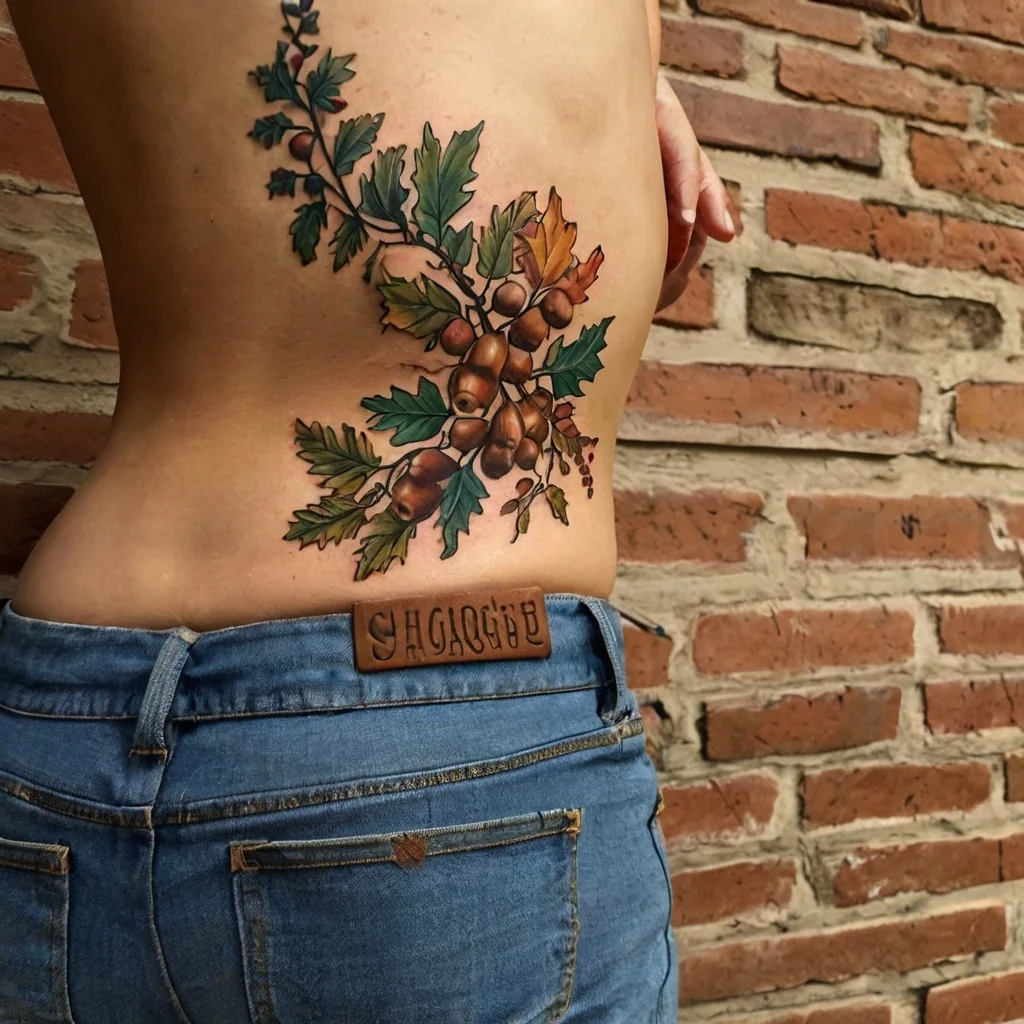 Realistic tattoo of oak leaves and acorns in fall colors, elegantly spanning from side to back, showcasing nature’s beauty.