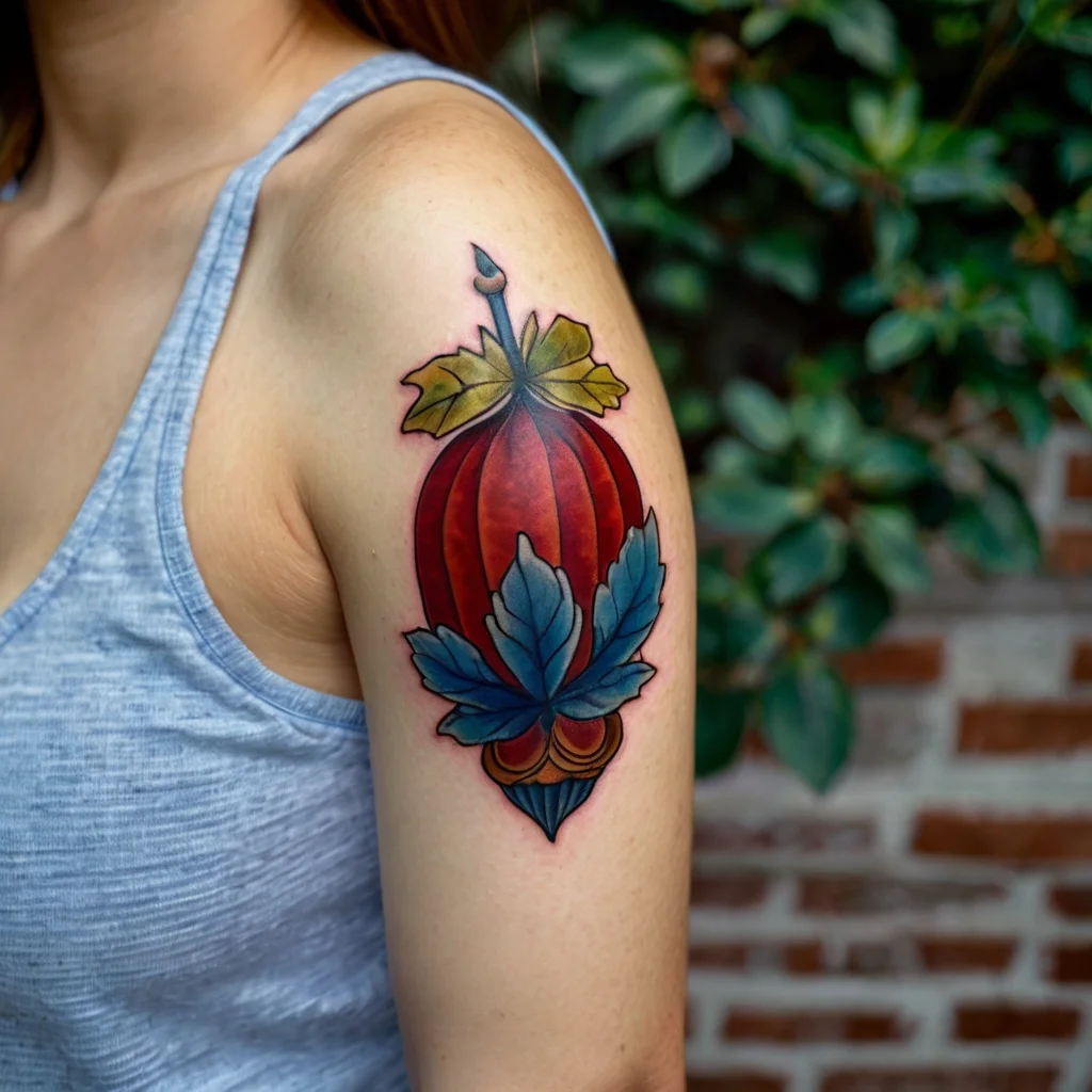 Tattoo of a traditional red lantern with blue and yellow leaves on the arm, featuring bold lines and vibrant colors.