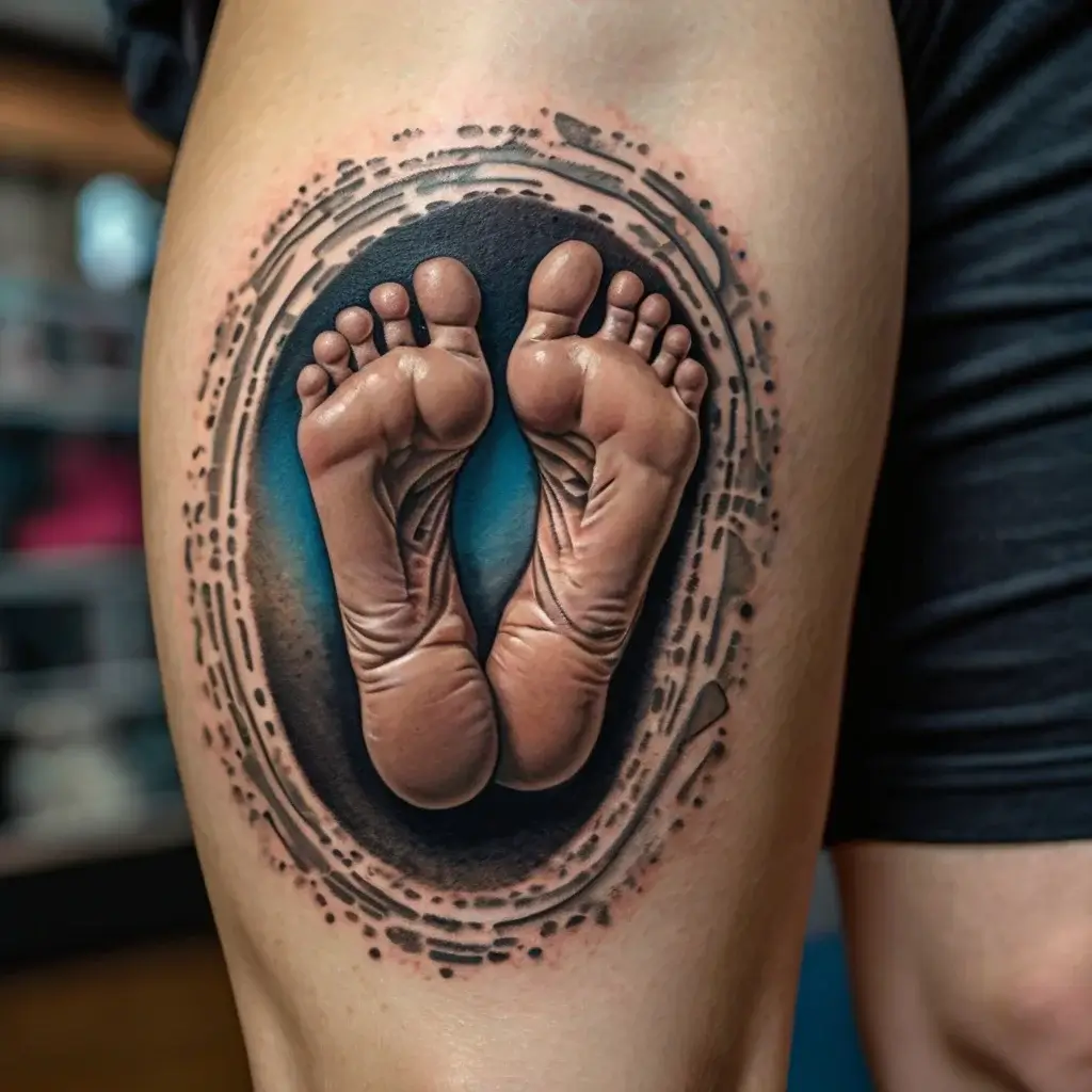 Realistic tattoo of two soles with detailed lines, surrounded by an abstract circular pattern on the upper thigh.