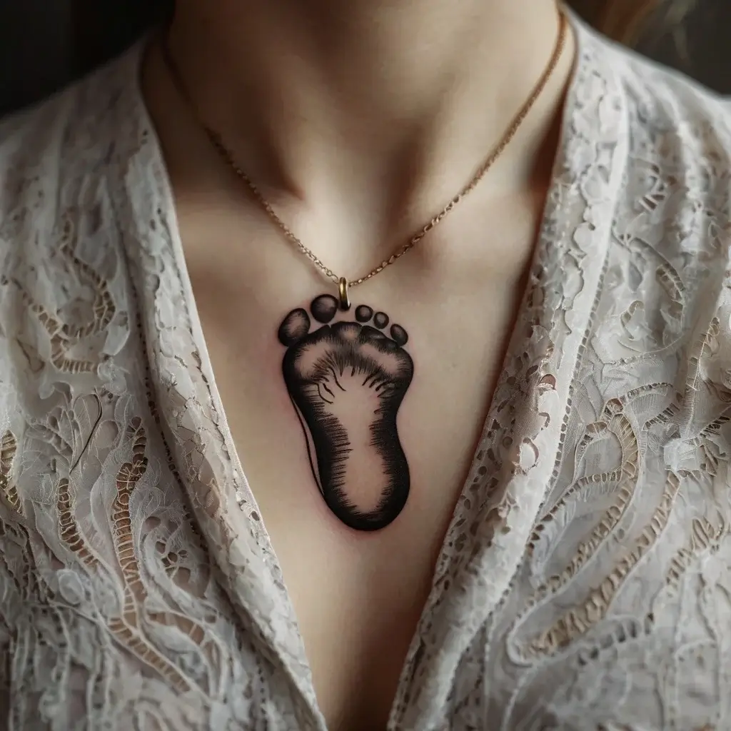 Tattoo of a black ink baby footprint on the chest, symbolizing remembrance or a significant life event.