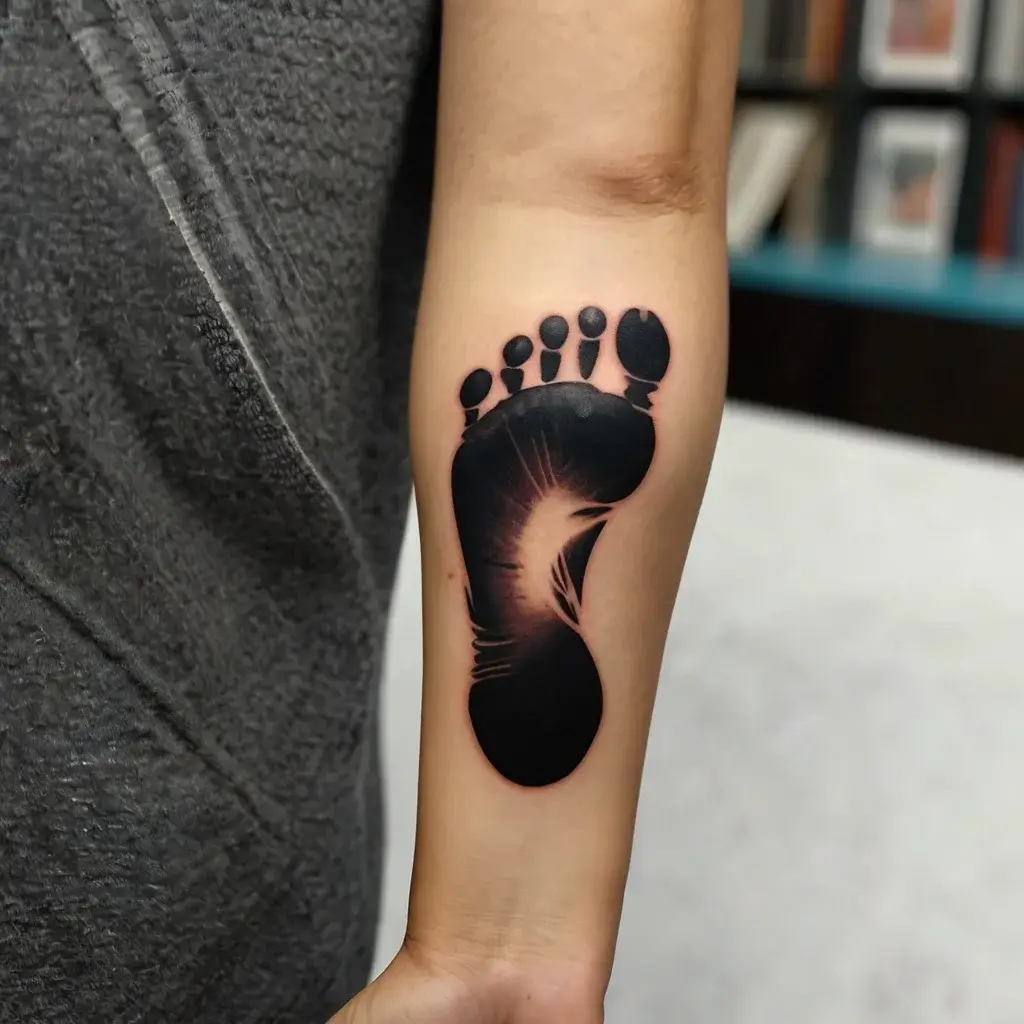 Realistic black ink footprint tattoo on forearm with intricate shading and highlights creating depth and dimension.