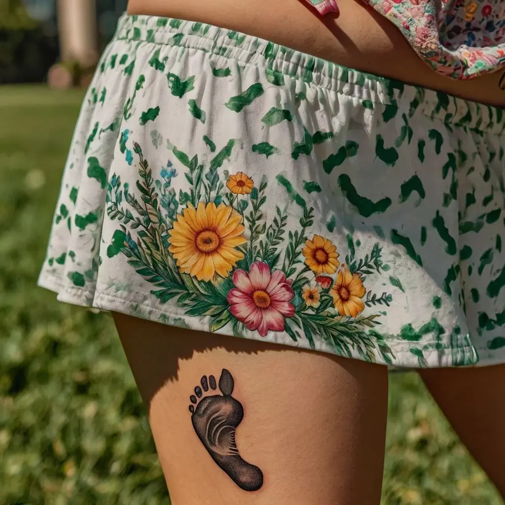 Tattoo of a realistic black footprint on the thigh, symbolizing a personal journey or a loved one's step in life.