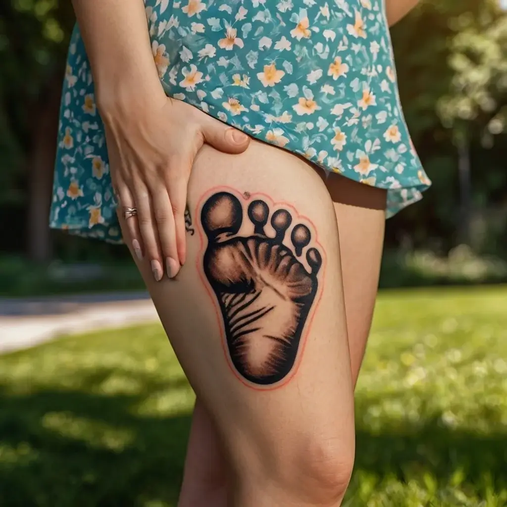 Tattoo of a detailed black baby footprint on the upper thigh, bordered with a subtle red outline for depth.