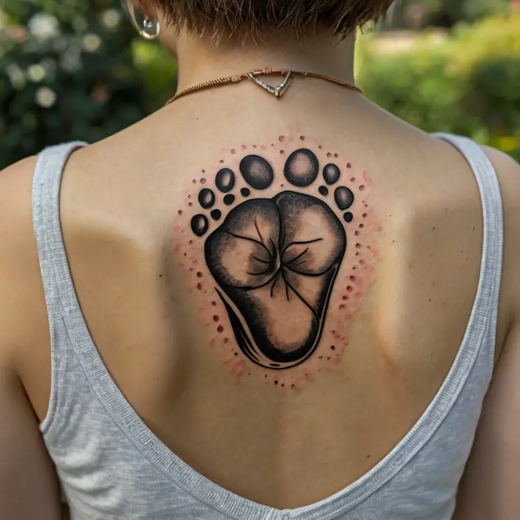 A bold paw print tattoo on the upper back, with detailed shading and surrounding dotwork for depth and texture.