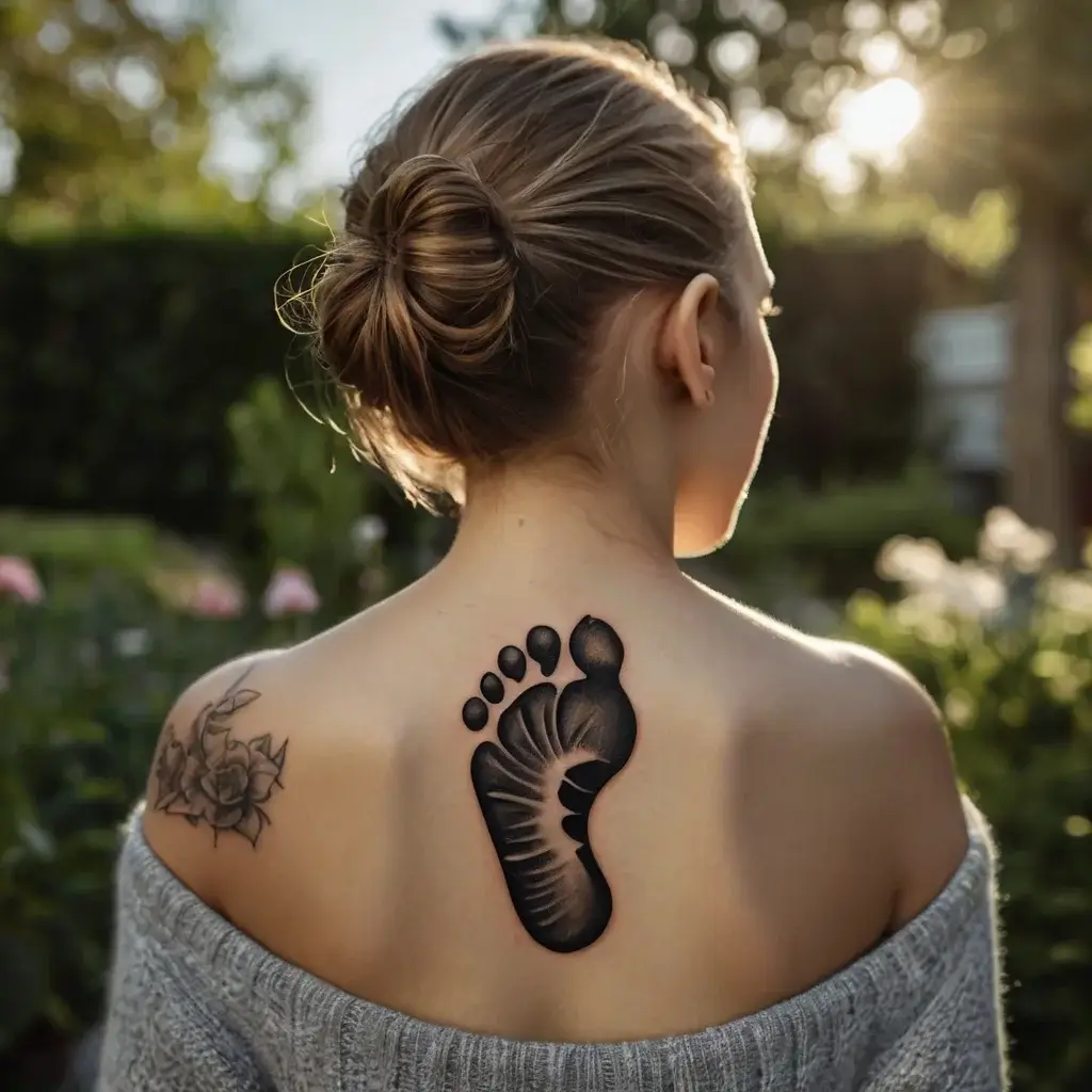 Back tattoo of a black footprint with detailed shading next to a delicate, black ink flower design on the left shoulder.