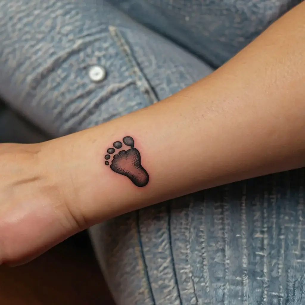 Tattoo of a small, black, shaded baby footprint on the arm, symbolizing new beginnings or parenthood.