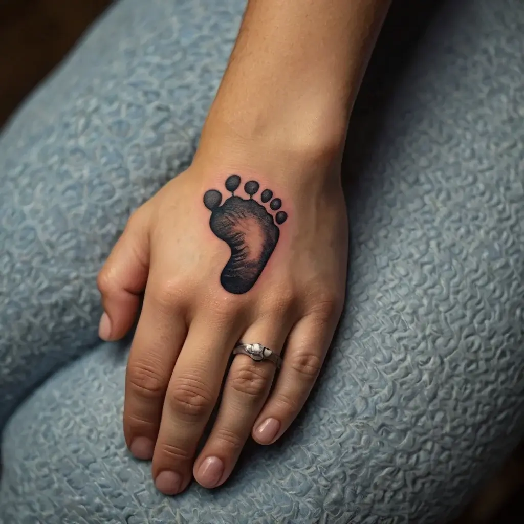 Tattoo of a small, black ink baby footprint on the back of a person's hand, symbolizing new beginnings or parenthood.