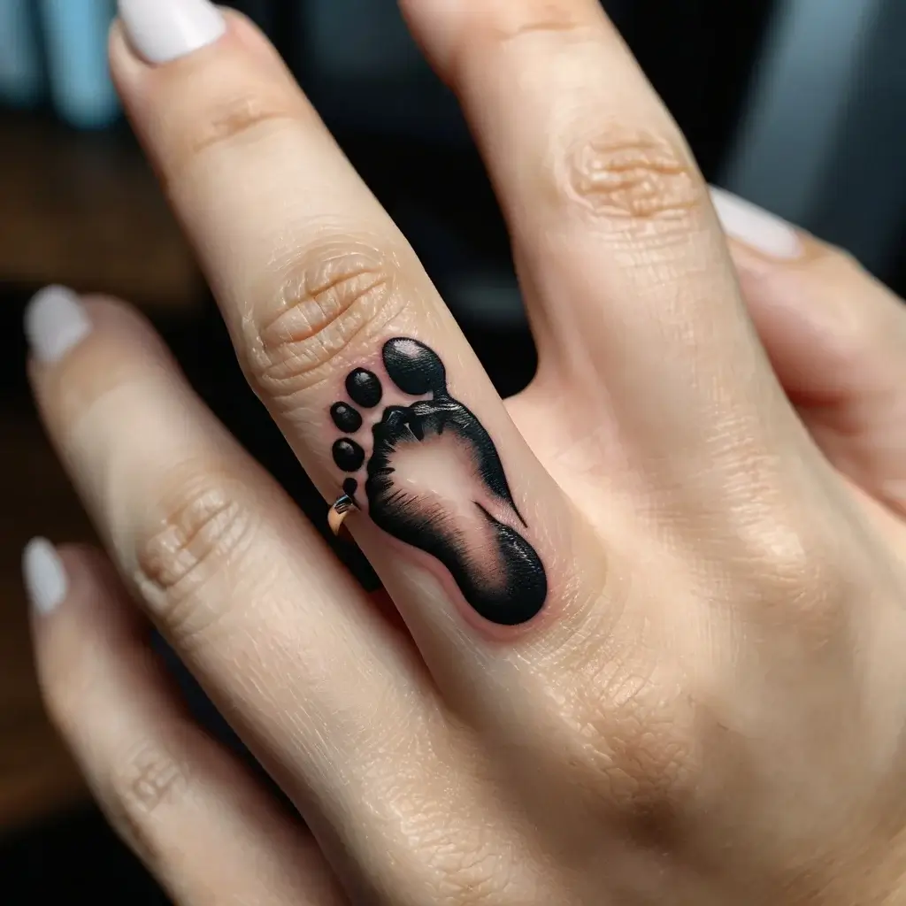 Minimalistic black ink baby footprint tattoo on a finger, symbolizing new beginnings and cherished memories.